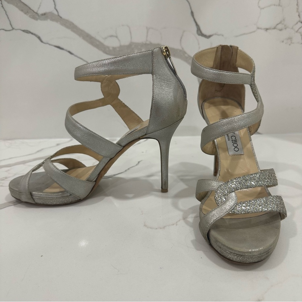 Jimmy Choo Authentic Designer Glittering Silver High Heels - Picture 10 of 16
